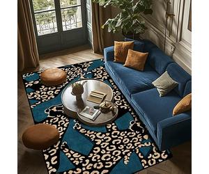 Tapis de salon 140 x 200 cm tapis antidérapant imitation cachemire tapis pour chambre chambre cuisine décoration intérieure tapis de sol rétro imprimé léopard bleu