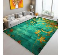 Tapis De Salon 160 x 230 cm 3D Élégant Floral Feuilles Lignes Imprimer Antidérapant Lavable en Intérieur Tapis De Sol Lavable en Machine pour Canapé Couloir Chambre Vert Or