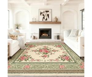 Tapis de Salon 160 x 230 cm, Rose Clair Vert Tapis Lavable à Poils Courts antidérapant Doux, Motif Rétro Chinois Antique Floral, pour Chambre d'enfant Bureau Salle à Manger décoration