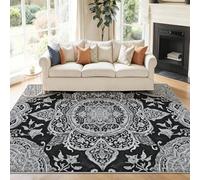 Tapis de Salon 60 x 110 cm, Inde Traditionnelle Tapis Doux Poils Courts, Lavable et Antidérapant, Résistant aux Taches pour Salon Chambre Résistant Bureau, Noir À Motifs Floraux
