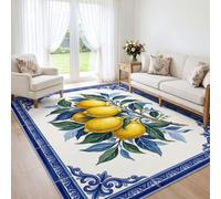 Tapis de Salon 60 x 90 cm Méditerranée Chinois Tapis de Chambre | Doux et Antidérapant Branche Citron Carreaux Bleu Foncé Lavable en Machine Paillasson pour Salon Cuisine Couloir Maison
