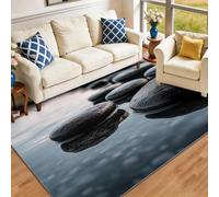 Tapis de Salon 80 x 150 cm, Tapis de Chambre Antidérapant et Doux, Imprimé Nature Zen Plage Galets, Idéal pour Enfants et Animaux, Décoration pour Séjour et Bureau, Noir