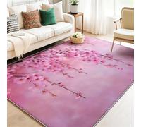 Tapis de Salon à Poils Courts 140 x 200 cm, Lavable, Design à Cerisier en Fleurs Rose De Rêve, Facile d'entretien Doux, idéal pour la Chambre à Coucher, Aquarelle Chinoise