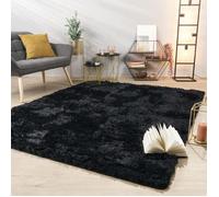 Tapis de salon à poils longs doux moderne design uni Noir Rectangulaire 140 cm x 200 cm x 37 mm