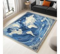 Tapis de Salon Affiche Rétro Carte Du Monavec Vagues L'Océan 160 x 230 cm Poil Court Moderne Chambre Enfant Adulte Tapis, Bleu Doux Lavable Antidérapant Moquette, pour Entrée, Cuisine, Couloir