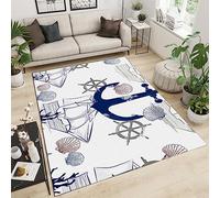 Tapis de Salon Ancre Nautique Bleu Marine Tapis de décoration Coquille D'étoile De Mer D'océan pour Manger Chambre à Coucher, Doux et Confortable Antidérapant Facile à Entretenir Lavable 60 x 90 cm