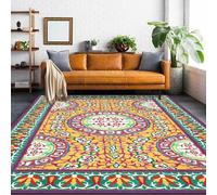 Tapis de salon antidérapant lavable et doux pour chambre à coucher à poils courts non perdus Style ethnique Cercle floral jaune vert 140 x 200 cm