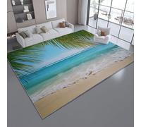 Tapis de Salon Bleu Clair, Tapis de Sol imprimé Éléments naturels Paysage Plage Feuilles Palmier, décoration antidérapante pour Salon Chambre Cuisine Balcon terrasse et Salle à Manger 160 x 230 cm