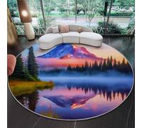 Tapis de Salon Bleu Ronde 150 cm, Tapis de Chambre Poil Court, Antidérapant Paillasson avec Motif Nature Paysage Montagnes pour Décoration de Noël Maison Vacances Fête
