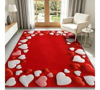 Tapis de Salon Cœur Rouge Blanc 80 x 150 cm, Tapis Poils Courts Lavable Moderne, Thème Romantique Antidérapant et Doux pour Salon Chambre et Bureau