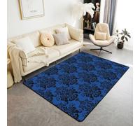 Tapis de salon damassé noir et bleu 100 x 150 cm - Style gothique vintage floral damassé - Tapis pour chambre à coucher - Pour enfants et adolescents - Style victorien antique - Baroque bohème - Tapis