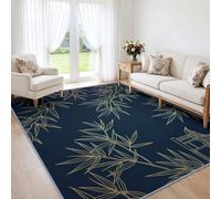 Tapis de Salon Feuilles Bambou Dorées Minimaliste 60x90cm, pour Chambre | Bleu Marine Or, Tapis Lavable en Laine Synthétique, Antidérapant, Poils Courts, Descente de Lit, Bureau