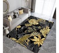 Tapis de Salon Feuilles De Plantes En Or Noir De Luxe LéGer, Tapis Lavable En Machine Feuille de Banane Tropicale Moderne, Grand Tapis Poils Ras - pour Chambre Salle à Manger Bureau - 90 x 120 cm