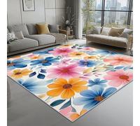 Tapis de Salon Imprimé Aquarelle Marguerites, Bleu Rose 50x80 cm Moquette d'intérieur Douce antidérapante Facile d'entretien - pour Chambre d’Enfant et Chambre à Coucher