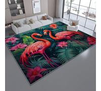 Tapis de Salon Imprimé Vintage Tropical Flamant Rose Peinture à l'huile thème Moquette Antidérapant Lavable à Poils Ras, Vert foncé Écologique pour Chambre d'enfant, 140 x 200 cm Paillasson Décor