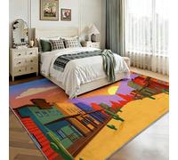Tapis de Salon Lavable 180 x 240 cm Cartoon Architecture Plantes Cactus, Style Western Tapis Antidérapant à Poils Ras - Moquette Décoration de Sol Douce et Pliable pour Chambre Bureau Chambre d'enfant
