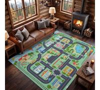 Tapis de Salon Lavable 60x90 cm Vert | Dessin Animé pour Enfants Fun Douce Antidérapant Salon Chambre Tapis, Automobile Ville Route Architecture Carte De Jeu Moquette pour Chambre d'enfant