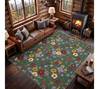 Tapis de Salon Lavable 90x150 cm Vert Militaire | Floral Vintage Douce Antidérapant Salon Chambre Tapis, Fleurs Sauvages Botaniques Champêtres Antibactérien Moquette pour Cuisine