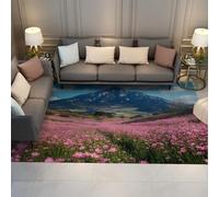 Tapis de Salon Lavable Champ Fleurs Violettes extérieur Montagne Paysage Naturel Tapis lavables à Poils Ras pour Balcon de Jardin 160x200cm