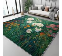 Tapis De Salon Lavable en Machine, 100 X 150 Cm Moquette Chambre/Descente De Lit, Tapis À Poils Courts, Impressionnisme Herbe Fleurs, Doux pour Salon Et Chambre - Vert Blanc