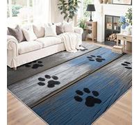 Tapis de Salon Lavable en Machine 100 x 150 cm Rustique Grain De Bois Empreintes De Pattes, Coureur Faible Poil Antidérapant avec Imprimé Bleu Gris Tapis Chambre pour Chambre Coucher Bureau Domicile
