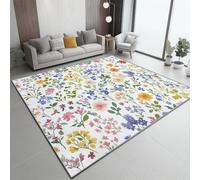 Tapis de Salon Lavable en Machine 100x150 cm - Faible Poil Entretien Facile Antidérapant avec Aquarelle Fleur Sauvage Feuilles Tapis Chambre pour Chambre d'enfant Le Bureau à Domicile, Blanc