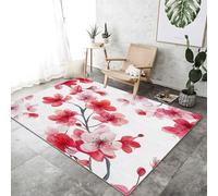 Tapis de Salon Lavable en Machine 100x150 cm - Faible Poil Entretien Facile Antidérapant avec Aquarelle Fleurs De Cerisier Imprimé Tapis Chambre pour Chambre d'enfant Le Bureau à Domicile, Blanc