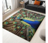 Tapis De Salon Lavable en Machine, 120 X 170 Cm Moquette Chambre Descente De Lit, Tapis À Poils Courts, Animaux Plumes Paon, Doux pour Salon Et Chambre - Bleu Vert