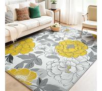 Tapis de Salon Lavable en Machine 120 x 180 cm, avec Fines Fleurs Lignes Motif Imprimé Antidérapant Tapis Chambre pour la Chambre à Coucher, Le Bureau à Domicile, Jaune Gris