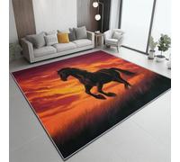 Tapis De Salon Lavable en Machine, 140 X 200 Cm Moquette Chambre Descente De Lit, Tapis À Poils Courts, Impressionnisme Coucher De Soleil Cheval, Doux pour Salon Et Chambre - Rouge Noir