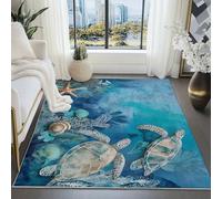 Tapis de Salon Lavable en Machine 140x200 cm - Faible Poil Entretien Facile Antidérapant avec Carte Des Océans Tortue Coquillage Tapis Chambre pour Chambre d'enfant Le Bureau à Domicile, Bleu
