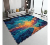 Tapis De Salon Lavable en Machine, 50 X 80 Cm Moquette Chambre Descente De Lit, Tapis À Poils Courts, Impressionnisme Coucher De Soleil Motif De Nuages, Doux pour Salon Et Chambre - Bleu Orange