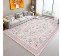 Tapis De Salon Lavable en Machine, 60 X 90 Cm Moquette Chambre Descente De Lit, Tapis À Poils Courts, Aquarelle Fleurs Branches Et Feuilles, Doux pour Salon Et Chambre - Rose Vert
