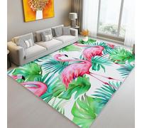 Tapis De Salon Lavable en Machine, 60 X 90 Cm Moquette Chambre Descente De Lit, Tapis À Poils Courts, Tropical Flamant Rose Feuilles De Palmier, Doux pour Salon Et Chambre - Rose Vert
