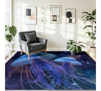 Tapis de Salon Lavable en Machine 80 x 150 cm, Illustration Néon Poil Antidérapant avec Créature Des Abysses Méduse Tapis pour la Chambre à Coucher Le Bureau à Domicile Decoration Chambrel, Bleu
