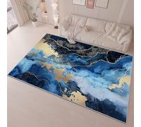 Tapis de Salon Lavable en Machine, Aquarelle Encre Vagues Thème Poil Court Antidérapant Imprimé Bleu Or Flanelle Tapis, pour Salon Chambre Coucher Salle Manger, 60 x 90 cm
