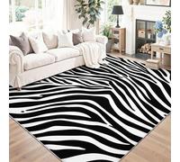 Tapis de Salon Lavable en Machine Noir Blanc Animaux Zèbre Rayures Faible Poil Antidérapant avec Motif Imprimé Tapis Chambre pour la Chambre à Coucher, 50 x 80 cm
