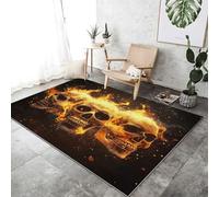 Tapis de Salon Lavable en Machine, Obscurité Flamme Crâne Thème Poil Court Antidérapant Imprimé Rouge Orangé Or Flanelle Tapis, pour Salon Chambre Coucher Salle Manger, 160 x 230 cm