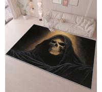 Tapis de Salon Lavable en Machine, Sombre Crâne Cape Thème Poil Court Antidérapant Imprimé Noir Jaune Clair Flanelle Tapis, pour Salon Chambre Coucher Salle Manger, 160 x 230 cm