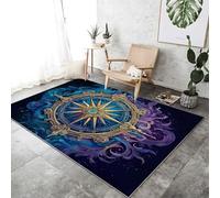 Tapis de Salon Lavable en Machine, Surréalisme Boussole Rose des Vents Thème Poil Court Antidérapant Imprimé Bleu Or Flanelle Tapis, pour Salon Chambre Coucher Salle Manger, 80 x 150 cm