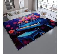 Tapis de Salon Lavable et antidérapant 60 x 90 cm, Bleu Tapis de Chambre Doux et imprimé Onirique Piano Roses Romantique pour séjour, Chambre à Coucher, Bureau à Domicile et Cuisine