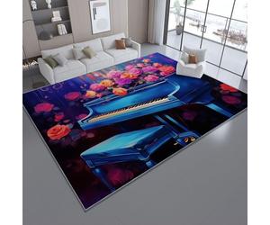 Tapis de Salon Lavable et antidérapant 60 x 90 cm, Bleu Tapis de Chambre Doux et imprimé Onirique Piano Roses Romantique pour séjour, Chambre à Coucher, Bureau à Domicile et Cuisine