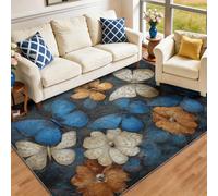 Tapis de Salon Lavable et antidérapant 60 x 90 cm, Bleu Tapis de Chambre Doux et imprimé Vintage raffiné Floral Papillon pour séjour, Chambre à Coucher, Bureau à Domicile et Cuisine