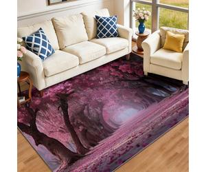Tapis de Salon Lavable et antidérapant 60 x 90 cm, Rose Tapis de Chambre Doux et imprimé Chemin Romantique onirique bordé d'arbres Fleurs pour séjour, Chambre à Coucher, Bureau à Domicile et Cuisine