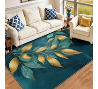 Tapis de Salon Lavable et antidérapant 80 x 150 cm, Bleu-Vert Tapis de Chambre Doux et imprimé Feuilles Peinture à l'huile Luxe Plantes pour séjour, Chambre à Coucher, Bureau à Domicile et Cuisine