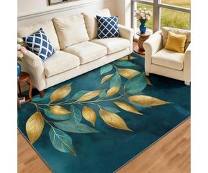 Tapis de Salon Lavable et antidérapant 80 x 150 cm, Bleu-Vert Tapis de Chambre Doux et imprimé Feuilles Peinture à l'huile Luxe Plantes pour séjour, Chambre à Coucher, Bureau à Domicile et Cuisine