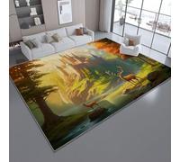 Tapis de Salon Lavable et antidérapant 80 x 150 cm, Brun Orange Tapis de Chambre Doux et imprimé Fantaisie Château Cerf des forêts pour séjour, Chambre à Coucher, Bureau à Domicile et Cuisine