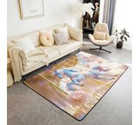 Tapis de salon licorne romantique - 100 x 150 cm - Carrousel de cheval mignon aquarelle - Tapis de chambre à coucher pour enfants - Nuages de fleurs de rêve - Parc d'attractions - Doré - Tapis