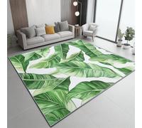 Tapis de Salon Moderne 120 x 180 cm, Imprimé Aquarelle Feuilles Tropicales Texture, Design Élégant, Vert Blanc Moquette Intérieure Douce Antidérapante, Entretien Facile pour Chambre et Salle à Manger