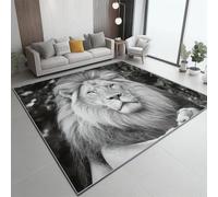 Tapis de Salon Moderne 160 x 230 cm, Imprimé Gros Plan Portrait Animal Lion, Design Élégant, Gris Blanc Moquette Intérieure Douce Antidérapante, Entretien Facile pour Chambre et Salle à Manger